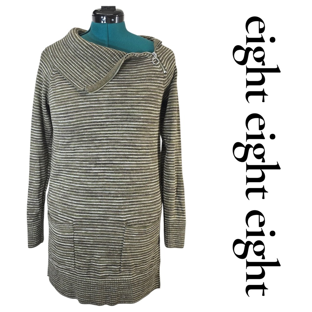 Eight Eight Eight Sweater Women Medium Olive Green Cotton Striped Zip Neck Tunic